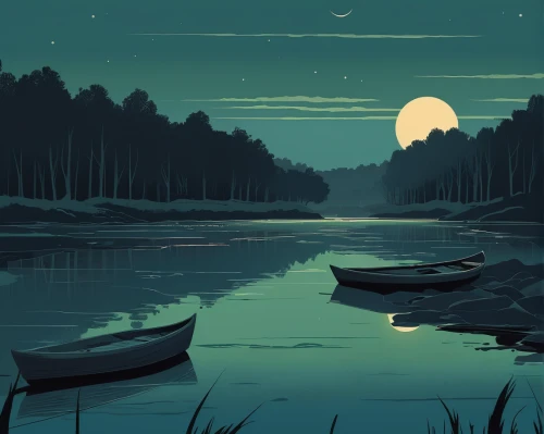 evening lake,boat landscape,canoeing,swampy landscape,calm water,fishing float,canoe,moonlit night,calm waters,tranquility,backwater,calming,river landscape,the night of kupala,moonlight,moonlit,canoes,rowboats,moonrise,tranquil,Illustration,Vector,Vector 05