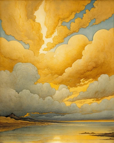 coastal landscape,yellow sky,beach landscape,landscape with sea,matruschka,sea landscape,vincent van gough,golden sands,swelling clouds,seascape,stratocumulus,joseph turner,cloudscape,asher durand,cumulus,swelling cloud,cloud image,golden rain,clouds,robert duncanson,Illustration,Retro,Retro 19