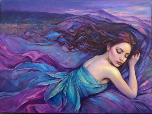 la violetta,purple landscape,the sleeping rose,woman on bed,blue pillow,oil painting on canvas,sea-lavender,sailing blue purple,oil painting,girl on the river,water nymph,violet,siren,girl lying on the grass,oil on canvas,woman laying down,girl in a long,purple background,mermaid background,ultraviolet,Illustration,Realistic Fantasy,Realistic Fantasy 30