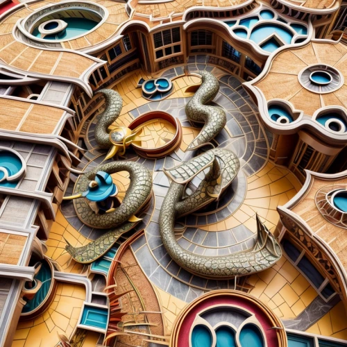 mechanical puzzle,labyrinth,shanghai disney,wood art,chinese architecture,wood carving,3d fantasy,emperor snake,asian architecture,steampunk gears,serpent,tiles shapes,gaudí,wooden construction,mousetrap,dragon palace hotel,paper art,carved wood,spiral book,spirals