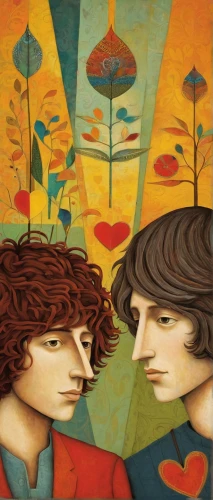 young couple,heads of royal palms,two people,psychedelic art,cloves schwindl inge,adam and eve,temples,couple boy and girl owl,carol colman,art painting,secret garden of venus,oil painting on canvas,dualism,marigolds,harmonious,couple,boy and girl,man and woman,handing love,two hearts,Art,Artistic Painting,Artistic Painting 29