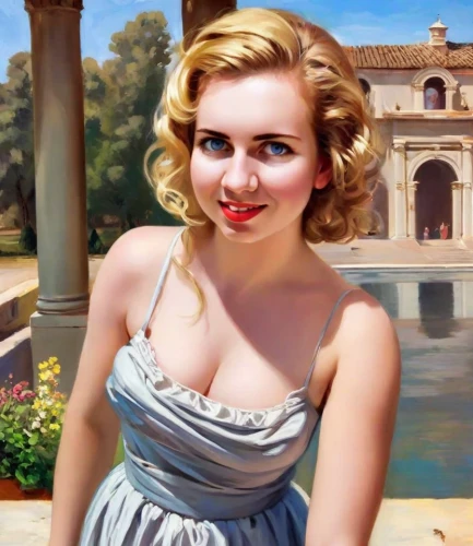 the blonde in the river,marilyn monroe,girl on the river,blonde woman,marilyn,retro pin up girl,pin-up girl,young woman,emile vernon,oil painting,marylin monroe,merilyn monroe,pin up girl,italian painter,romantic portrait,vintage art,simca,retro woman,marylyn monroe - female,retro pin up girls