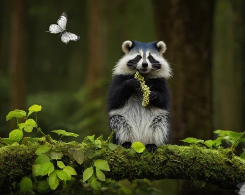 north american raccoon,raccoon,ring-tailed,bamboo flute,mustelid,cute animal,little panda,forest animal,raccoon dog,cute animals,animal photography,mustelidae,perched on a log,woodland animals,anthropomorphized animals,whimsical animals,pan flute,raccoons,foraging,hanging panda,Illustration,Abstract Fantasy,Abstract Fantasy 01