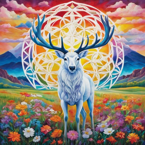 elk,deer illustration,mantra om,taurus,stag,goatflower,caribou,manchurian stag,the zodiac sign taurus,young-deer,zodiac,deer,pachamama,glowing antlers,deer in tears,solar plexus chakra,dharma wheel,flower of life,heart chakra,antlers,Illustration,Vector,Vector 07