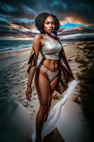 warrior woman,digital compositing,african american woman,beach background,the sea maid,image manipulation,black woman,strong woman,white sand,african woman,woman strong,moana,world digital painting,maria bayo,photomanipulation,lady honor,female warrior,fantasy art,photo manipulation,ebony