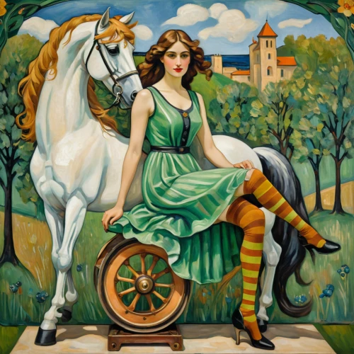 girl with a wheel,david bates,centaur,woman bicycle,equestrian,equestrianism,sagittarius,horseback,equestrian center,andalusians,horse-drawn,riding lessons,horse trainer,horseback riding,carousel horse,dodge la femme,cross-country equestrianism,joan of arc,vintage horse,art deco woman,Art,Artistic Painting,Artistic Painting 37