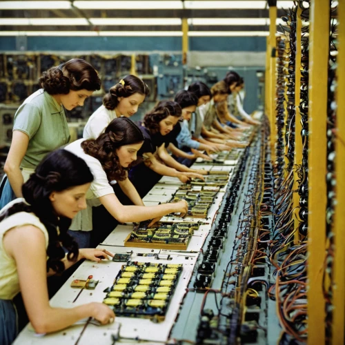 women in technology,switchboard operator,telephone operator,assembly line,1940 women,old calculating machine,calculating machine,workers,bitcoin mining,transistors,electronic market,girl scouts of the usa,model years 1958 to 1967,trading floor,valley mills,vintage labels,manufacture,riveting machines,female worker,computer chips,Art,Classical Oil Painting,Classical Oil Painting 43