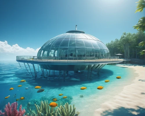 underwater oasis,island suspended,underwater playground,ocean paradise,tropical house,artificial islands,aquarium,artificial island,tropical island,underwater landscape,coral reef,floating islands,greenhouse cover,aqua studio,aquariums,tropical sea,futuristic landscape,floating huts,ocean underwater,maldives,Conceptual Art,Sci-Fi,Sci-Fi 11