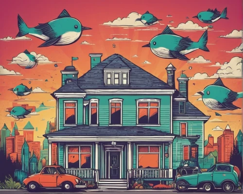 houses clipart,ufos,flock of birds,ufo,crane houses,houses,a flock of pigeons,birdhouses,flying saucer,airships,flying birds,flying seeds,roof domes,flock house,pigeons,zeppelins,pigeon house,apartments,birds flying,real-estate,Illustration,Abstract Fantasy,Abstract Fantasy 01