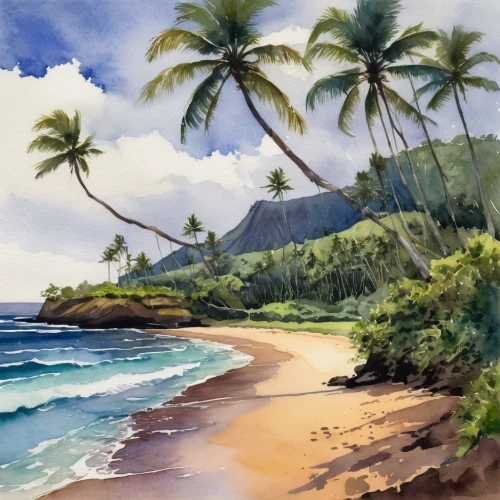 beach landscape,watercolor palm trees,hawaii,kauai,molokai,beach scenery,coastal landscape,watercolor background,tropical beach,maui,mountain beach,coconut trees,an island far away landscape,dream beach,oahu,honolulu,sunrise beach,tropical sea,south pacific,napali coast,Illustration,Realistic Fantasy,Realistic Fantasy 29