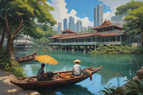 floating market,hanoi,fishing float,fishing village,boat landscape,vietnam,bangkok,shanghai,floating restaurant,southeast asia,dragon boat,singapore,picnic boat,harbour city,asian architecture,vietnam's,saigon,floating huts,west lake,shanghai disney,Illustration,Realistic Fantasy,Realistic Fantasy 28