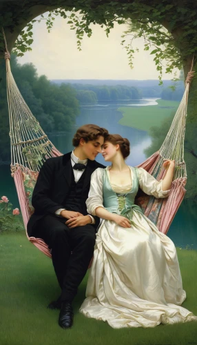 young couple,romantic scene,idyll,romantic portrait,bougereau,courtship,hammock,man and wife,serenade,idyllic,love in the mist,honeymoon,franz winterhalter,as a couple,romance novel,emile vernon,vintage man and woman,vintage art,engagement,xix century,Conceptual Art,Daily,Daily 30