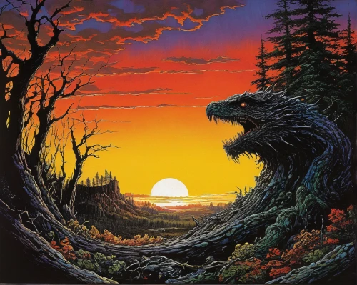 fantasy picture,mountain sunrise,dragon of earth,alligator alley,primeval times,rising sun,howling wolf,fantasy art,bear kamchatka,forest dragon,cd cover,godzilla,forest landscape,landmannahellir,daybreak,black hawk sunrise,forest fire,setting sun,background image,spruce forest,Conceptual Art,Daily,Daily 09