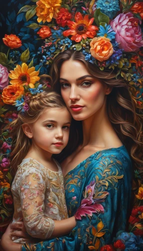 oil painting on canvas,little girl and mother,oil painting,art painting,girl in flowers,flower painting,mother kiss,splendor of flowers,mother with child,romantic portrait,mother and daughter,beautiful girl with flowers,fantasy art,oil on canvas,fabric painting,stepmother,capricorn mother and child,photo painting,boho art,mystical portrait of a girl,Photography,General,Fantasy