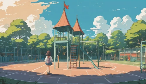 playground,studio ghibli,basketball court,empty swing,recess,tennis court,swing set,torii,amusement park,children's playground,euphonium,kindergarten,elementary,baseball park,park,play yard,shirakami-sanchi,play tower,track,wooden swing,Illustration,Japanese style,Japanese Style 06