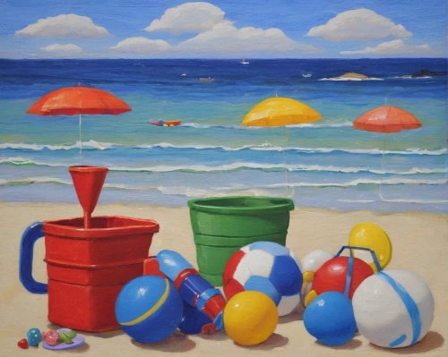 summer beach umbrellas,summer still-life,beach landscape,beach chairs,beach huts,water balloons,beach ball,oil painting on canvas,blue coffee cups,beach furniture,oil on canvas,watering can,oil painting,yellow cups,beach hut,life buoy,painting technique,floats,colorful balloons,seaside resort,Illustration,Japanese style,Japanese Style 20