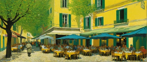 aix-en-provence,provence,bistrot,south france,italian painter,provencal life,arles,south of france,corfu,sicilian cuisine,trastevere,street musicians,amalfi,bistro,post impressionism,limoncello,outdoor dining,parasols,accordion player,street scene,Conceptual Art,Sci-Fi,Sci-Fi 16