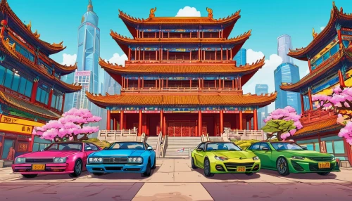 colorful city,chinese temple,world digital painting,3d car wallpaper,cartoon video game background,chinese icons,asian architecture,hall of supreme harmony,chinese background,china town,chinatown,chinese architecture,feng shui,spring festival,fantasy city,japanese sakura background,shanghai,japanese icons,oriental,forbidden palace,Illustration,Vector,Vector 19