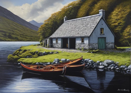 fisherman's house,ireland,cottage,boat landscape,boathouse,summer cottage,carol colman,stabyhoun,gap of dunloe,donegal,fisherman's hut,home landscape,david bates,scotland,northern ireland,boat house,scottish highlands,boat shed,house by the water,floating huts,Illustration,Black and White,Black and White 01