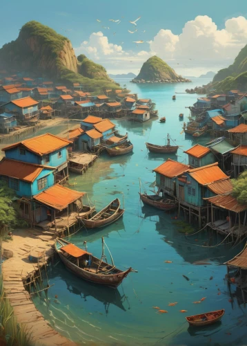 fishing village,floating huts,harbor,vietnam,mekong,docks,vietnam's,seaside resort,boat landscape,ancient city,world digital painting,coastal landscape,vietnam vnd,villages,boats,floating islands,harbour,boat harbor,floating market,fishing boats,Illustration,Realistic Fantasy,Realistic Fantasy 28