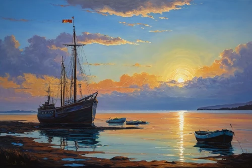 boat landscape,old wooden boat at sunrise,fishing boats,coastal landscape,sea landscape,oil painting on canvas,sailing boats,sea sailing ship,oil painting,sailing boat,sailing ships,boat on sea,sailing ship,sailing-boat,seascape,harbor,boats,sail ship,sailing vessel,landscape with sea,Art,Classical Oil Painting,Classical Oil Painting 31