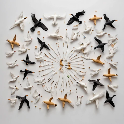 klaus rinke's time field,flock of birds,paper art,doves of peace,kinetic art,a flock of pigeons,birds in flight,wall clock,origami paper plane,bird migration,clothespins,flying birds,throwing star,birds flying,group of birds,quartz clock,seagulls flock,star scatter,key birds,whirling,Unique,Design,Knolling