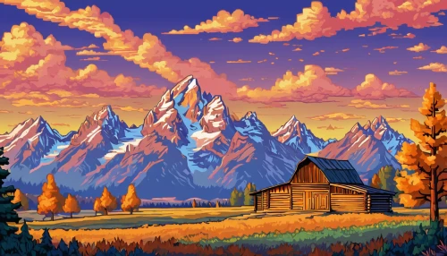 autumn mountains,mountains,mountain scene,cartoon video game background,fall landscape,mountain range,pixel art,teton,landscape background,the cabin in the mountains,mountain landscape,log cabin,home landscape,mountain sunrise,mountain valley,high mountains,house in mountains,mountain,salt meadow landscape,autumn background,Unique,Pixel,Pixel 05