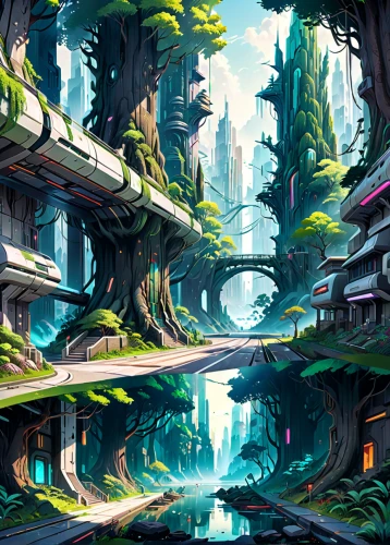 futuristic landscape,fantasy landscape,ancient city,fantasy city,aurora village,mushroom landscape,street canyon,backgrounds,valley,ravine,virtual landscape,mountain settlement,environment,fairy village,forests,world digital painting,the forests,green valley,cartoon forest,forest glade,Anime,Anime,General