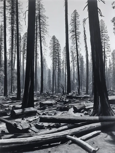 deforested,old-growth forest,scorched earth,forest fires,triggers for forest fire,northwest forest,forest fire,burned land,environmental destruction,sugar pine,environmental disaster,destroyed area,dead wood,wildfires,fire damage,redwoods,redwood,deforestation,fallen trees on the,pine forest,Illustration,Black and White,Black and White 29