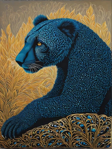 panthera leo,majorelle blue,ursa,jaguar,aboriginal art,amur adonis,bear kamchatka,zodiac sign leo,grizzlies,canidae,sun bear,panther,puli,cub,straw animal,cheetah,dark blue and gold,canis panther,ursa major,leopard head,Illustration,Retro,Retro 26