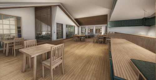 3d rendering,school design,dining room,billiard room,japanese restaurant,conference room,clubhouse,kitchen & dining room table,japanese-style room,lecture room,core renovation,seating area,breakfast room,cafeteria,board room,wooden beams,wooden floor,taproom,recreation room,kitchen interior,Commercial Space,Restaurant,Mediterranean Rustic