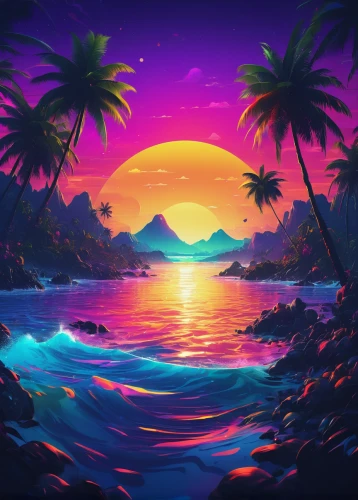 tropics,tropical sea,ocean paradise,tropical island,summer background,lagoon,tropical beach,ocean,coast sunset,sub-tropical,dusk background,ocean background,hd wallpaper,colorful background,dolphin background,delight island,landscape background,acid lake,tropical,4k wallpaper,Conceptual Art,Oil color,Oil Color 06