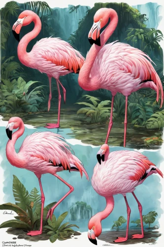 cuba flamingos,flamingos,flamingoes,pink flamingos,flamingo couple,pink flamingo,two flamingo,flamingo pattern,greater flamingo,flamingo,tropical birds,tropical animals,pink family,key birds,pink quill,water birds,cranes,scarlet ibis,scandia animals,bird illustration,Unique,Design,Character Design