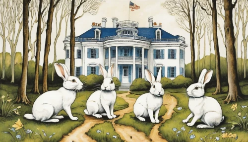 the white house,white house,american snapshot'hare,rabbits and hares,hare trail,white rabbit,rabbit family,rabbits,easter rabbits,easter card,gray hare,happy easter hunt,white bunny,house painting,bunnies,country house,hare field,hares,blue bell,white picket fence,Illustration,Retro,Retro 06