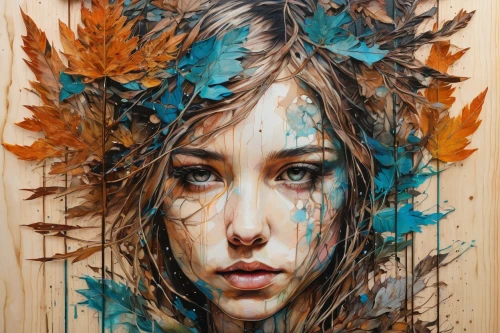 girl with tree,on wood,falling on leaves,girl in a wreath,wood art,autumn leaves,autumn frame,autumn icon,autumn wreath,fallen leaves,made of wood,in wood,wood and leaf,the autumn,oil painting on canvas,mystical portrait of a girl,autumn,dryad,boho art,autumn leaf paper,Illustration,Paper based,Paper Based 13