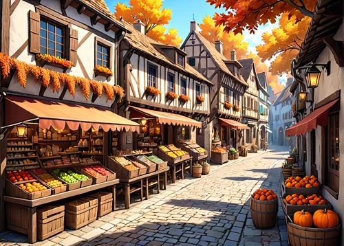 medieval street,medieval market,marketplace,pumpkin autumn,harvest festival,autumn theme,oktoberfest background,autumn background,medieval town,seasonal autumn decoration,autumn scenery,shopping street,autumn decoration,halloween background,merchant,autumn taste,market place,autumn pumpkins,fruit market,half-timbered houses,Anime,Anime,General