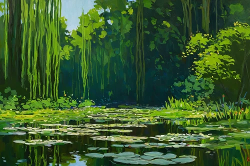 swamp,lily pads,wetlands,wetland,swampy landscape,green landscape,green forest,bayou,water lilies,lily pad,lilly pond,lily pond,swamp iris,green trees with water,pond,marsh,pond plants,green water,backwater,aquatic plants,Conceptual Art,Fantasy,Fantasy 09