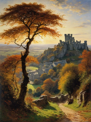 robert duncanson,autumn landscape,ruined castle,thomas moran,northumberland,castle bran,valley of desolation,fall landscape,exmoor,mountain scene,autumn idyll,rural landscape,coastal landscape,mountain landscape,landscape background,high landscape,landscape,panoramic landscape,home landscape,falls of the cliff,Art,Classical Oil Painting,Classical Oil Painting 09