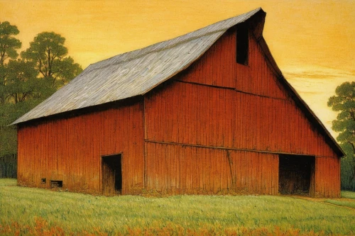 red barn,grant wood,barns,field barn,barn,farm landscape,farmstead,old barn,rural landscape,gable field,straw hut,pasture,farm hut,haystack,farmhouse,quilt barn,reed roof,farm house,hay farm,hay stack,Illustration,Retro,Retro 01