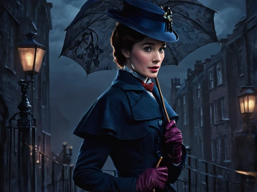 mary poppins,victorian lady,gothic portrait,fantasy portrait,victorian fashion,victorian style,vampire woman,lamplighter,vampire lady,gothic fashion,the victorian era,victorian,brolly,the hat of the woman,sci fiction illustration,fantasy art,fantasy picture,witches' hats,witch hat,gothic woman,Conceptual Art,Fantasy,Fantasy 34