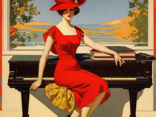 art deco woman,piano player,man in red dress,lady in red,pianist,concerto for piano,art deco,red hat,advertising figure,woman playing,vintage art,campari,the piano,pianet,vintage illustration,steinway,piano,spinet,piano lesson,vintage women,Illustration,Retro,Retro 15