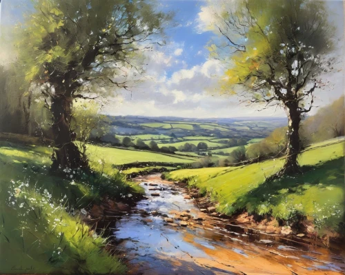 brook landscape,exmoor,derbyshire,green landscape,river landscape,peak district,yorkshire,green meadows,north yorkshire,rural landscape,meadow in pastel,devon,meadow landscape,north yorkshire moors,oil painting,small landscape,green fields,flowing creek,oil painting on canvas,streams,Illustration,Children,Children 05