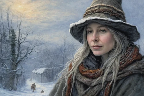 the snow queen,woman with ice-cream,old woman,woman's hat,suit of the snow maiden,the hat of the woman,winterblueher,candlemas,oil painting,woman portrait,heather winter,fantasy portrait,woman holding pie,winter background,elderly lady,praying woman,winter landscape,winters,snow scene,woman of straw,Illustration,Realistic Fantasy,Realistic Fantasy 14