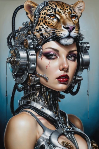 cybernetics,steampunk,streampunk,biomechanical,fantasy art,cyberspace,sci fiction illustration,cyberpunk,callisto,cyber,feline look,telephone operator,feline,leashed,circuitry,cyborg,world digital painting,fantasy portrait,chainlink,jaguar,Conceptual Art,Sci-Fi,Sci-Fi 03