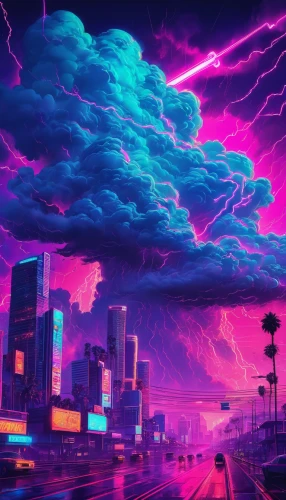 ultraviolet,purple wallpaper,vapor,thunderstorm,futuristic landscape,cyberpunk,aesthetic,colorful city,electric,monsoon,neon,san storm,cityscape,80s,fantasy city,miami,neon lights,world digital painting,neon ghosts,rainstorm,Conceptual Art,Sci-Fi,Sci-Fi 27