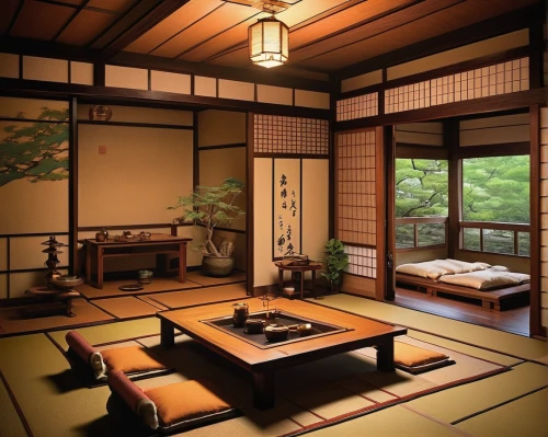 japanese-style room,ryokan,tatami,japanese architecture,tea ceremony,gyokuro,japanese zen garden,japanese-style,zen garden,asian architecture,japanese style,japanese patterns,wooden windows,japan's three great night views,japanese art,japanese tea,tsukemono,kyoto,tea zen,bamboo curtain,Illustration,Realistic Fantasy,Realistic Fantasy 44