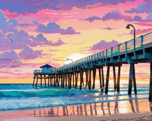 beach landscape,ponte vedra beach,fishing pier,huntington beach,burned pier,pier,oceanside,myrtle beach,wooden pier,newport beach,coast sunset,tybee island,the pier,aptos,beach scenery,digital painting,sunset beach,santa monica,old pier,gulf coast,Illustration,Japanese style,Japanese Style 02