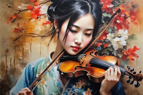 violin player,violin woman,woman playing violin,chinese art,violin,violinist,playing the violin,violist,viol,string instrument,stringed instrument,oriental painting,bass violin,musician,woman playing,japanese art,flower painting,oil painting on canvas,bowed string instrument,art painting,Illustration,Paper based,Paper Based 03