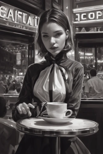 woman at cafe,parisian coffee,woman drinking coffee,paris cafe,cigarette girl,women at cafe,waitress,espresso,street cafe,the coffee shop,coffee tea illustration,coffee shop,vintage girl,retro diner,girl with cereal bowl,retro woman,film noir,caffè americano,coffee background,vintage woman,Conceptual Art,Fantasy,Fantasy 01