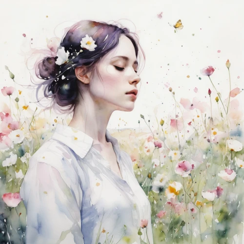 girl in flowers,watercolor floral background,watercolor,falling flowers,watercolor painting,watercolor background,kahila garland-lily,flower painting,blossoms,beautiful girl with flowers,mystical portrait of a girl,watercolor paint,scattered flowers,meadow,marguerite,white blossom,watercolor flowers,flower fairy,flower girl,blossom,Illustration,Paper based,Paper Based 20